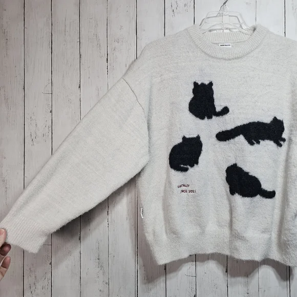 NARTALIY Gray Black Cat Mohair Sweater Unisex American Retro Loose Fit Size XS. - Picture 3 of 12
